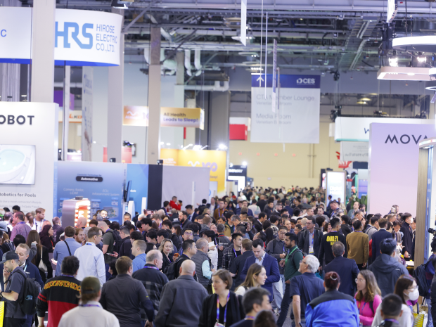 View of crowds browsing vendor booths at CES 2025.