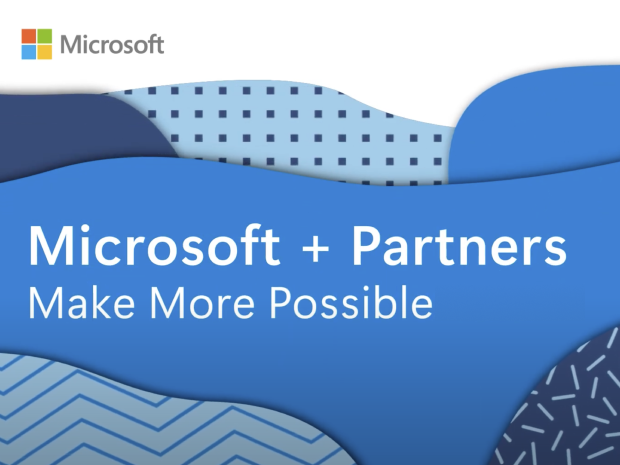 Blue curved shapes with the text Microsoft + Partners Make More Possible.